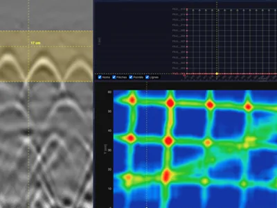 Grille 3D sur béton armé — Ferraillage et câble électrique en diagonale