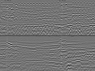 Poutre en béton armé : auscultation radar longitudinale continue avec repères au droit de deux poteaux